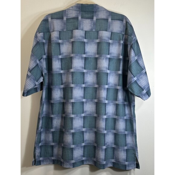 Tommy Bahama Shirt Mens Sz L Blue Green Geometric Plaid 100% Silk Camp Short SL - Picture 3 of 10